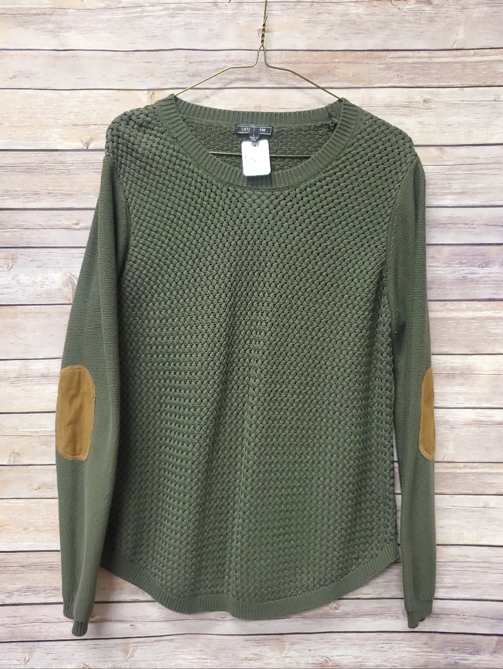 Lety Me Olive Green Knit Sweater Women’s Large Elbow Patch Long Sleeve Textured